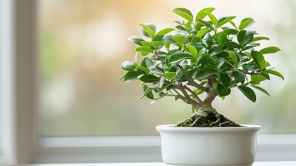 Obraz premium Elegant bonsai tree in a white planters sits by a bright window, radiating calm and tranquility with its lush green leaves.