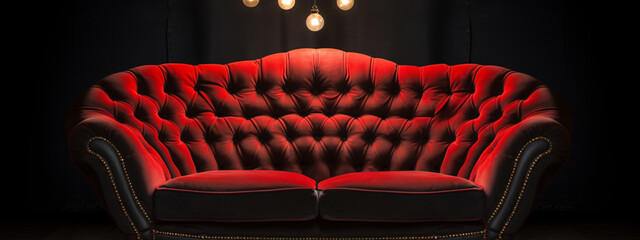 Dark red velvet couch, rich and luxurious.