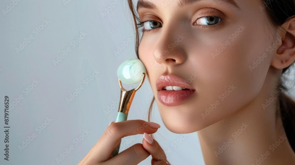 Wall mural lifelike photograph of a young woman with a glowing, clear face, using a jade roller, isolated on wh