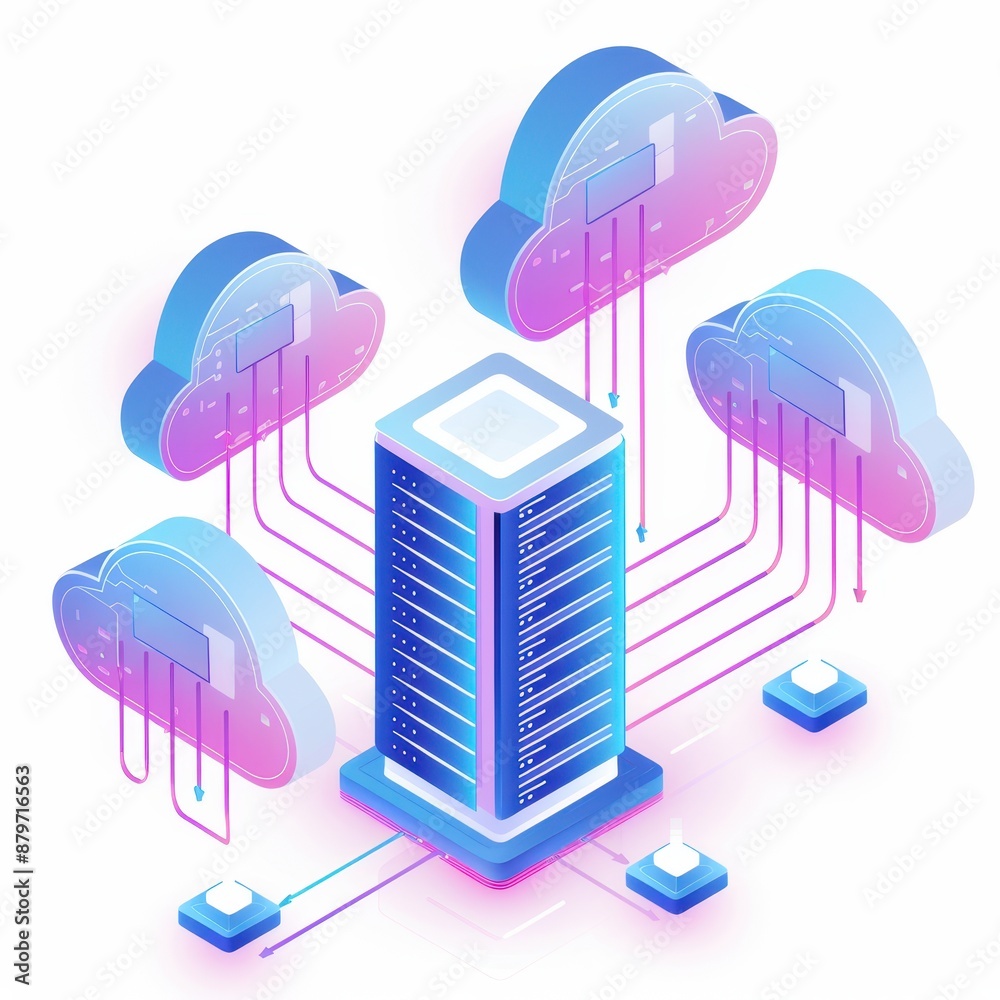 Fototapete isometric illustration of data server and cloud computing network, representing data storage, manage