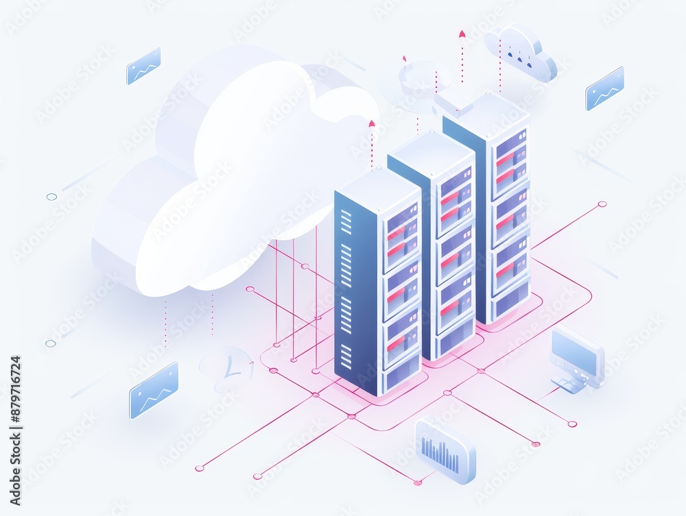 Aufkleber modern cloud computing illustration featuring data centers, network connections, and digital icons r