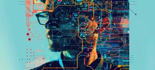 The image shows a man wearing glasses with a circuit board pattern over his face. The background is a blue circuit board with yellow and orange highlights. The man's expression is serious and