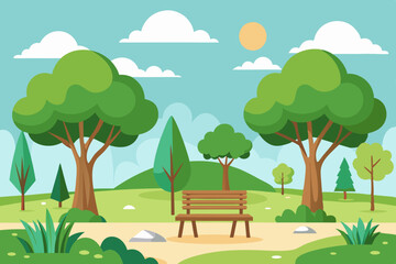 Obraz premium A park has trees and chairs vector illustration 