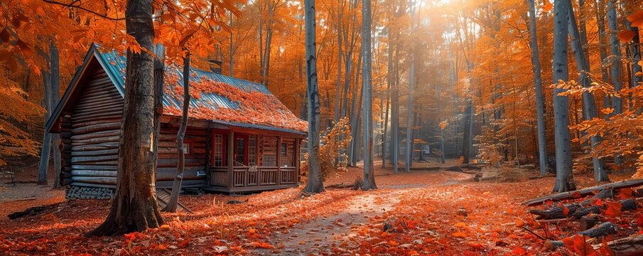 Vibrant autumn forest with fallen leaves and cozy cabin