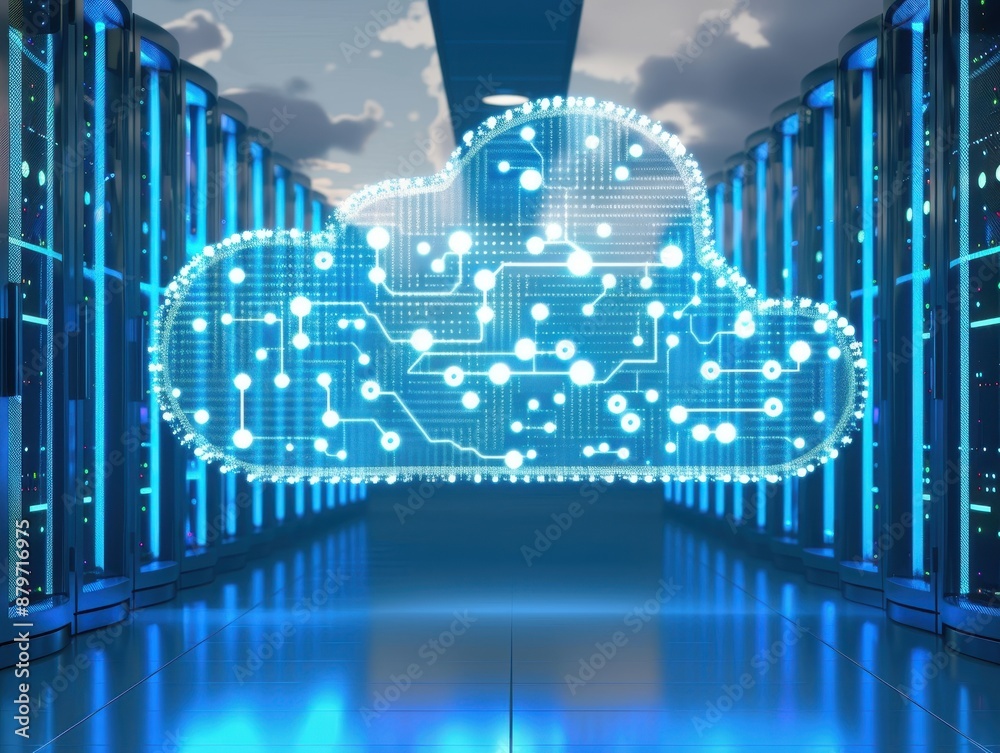 Poster Modern data center with a glowing digital cloud illustration, symbolizing cloud computing and data storage technology.