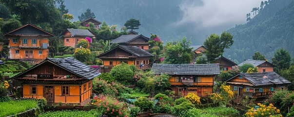 Obraz premium A tranquil village nestled in a valley, its cottages adorned with colorful flowers.