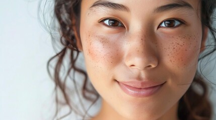Fototapeta premium Dynamic photograph of a young woman with naturally radiant skin, smiling softly, isolated on white background,, asia,china