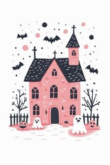 Obraz premium Spooky Halloween illustration featuring a haunted pink house, bats, ghosts, pumpkins, and eerie atmosphere.