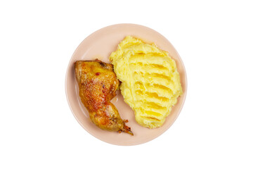 fried chicken leg and mashed potatoes in a pink plate isolated white background top view