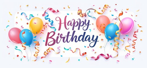 Sticker Style, white background, text "Happy Birthday" with colorful balloons and streamers in the style of clip art, simple design Generative AI