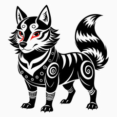 Manga dog filled with simple Japanese folk patterns vector silhouette on white background
