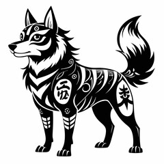 Manga dog filled with simple Japanese folk patterns vector silhouette on white background