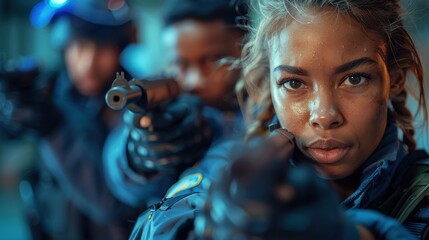Obraz premium A focused female police officer aims her gun towards a direction, supported by two other officers behind her, creating a sense of urgency and teamwork.