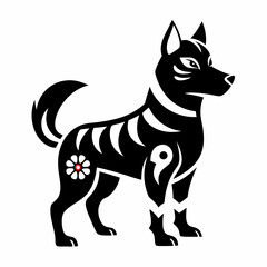 Manga dog filled with simple Japanese folk patterns vector silhouette on white background