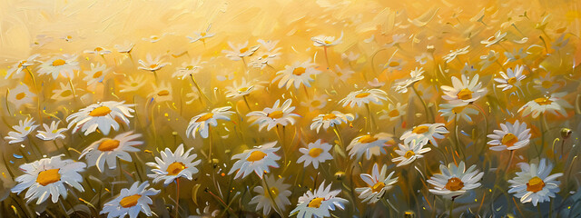 vibrant detailed painting of a chamomile field with white petals and yellow centers in the morning light conveying a sense of joy and tranquility