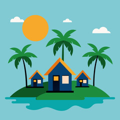 Multiple lodges on the island with coconut trees and sun vector illustration 
