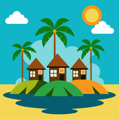 Multiple lodges on the island with coconut trees and sun vector illustration 
