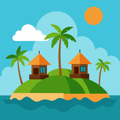 Multiple lodges on the island with coconut trees and sun vector illustration 
