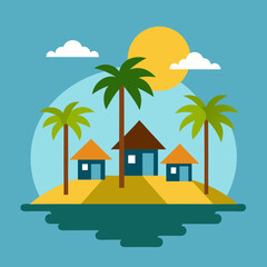 Multiple lodges on the island with coconut trees and sun vector illustration 