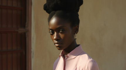 Obraz premium Close up portrait of a beautiful confident young African woman with elaborate head wrap wearing pink shirt looking at camera with serious expression
