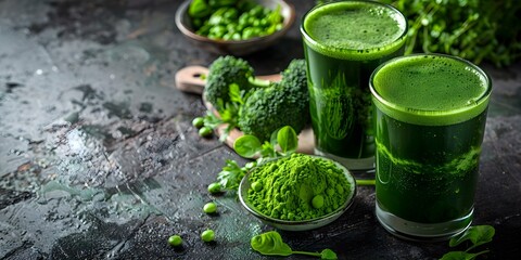 Enhance your wellness with vibrant green powders and nutritious veggies in beverages. Concept Wellness Beverages, Green Powders, Nutritious Veggies, Healthy Drinks, Plant-Based Nutrition