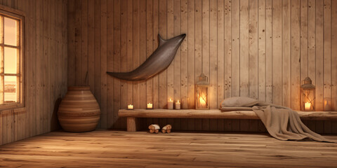 Wooden interior, warm lighting, peaceful scene.