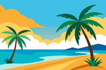 Tropical beach with palm vector illustration on white background