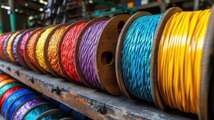 Shelves filled with spools of cable in a multitude of colors in a workshop, showcasing the vividness and systematic arrangement integral to professional craftsmanship.