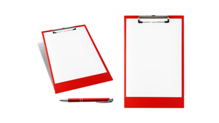 Red clipboard with blank white paper and pen isolated on white background.