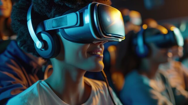 Immersive Virtual Reality Headset Ad showcasing Gaming, Travel, & Education Experiences with User Reactions