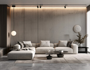 Comfy sectional sofa in a luxury living room with concrete wall and wood accents promoting a modern elegant lifestyle
