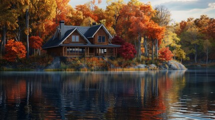 Obraz premium Cozy Cabin by Lakeside Surrounded by Autumn Foliage