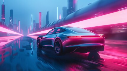 Fototapeta premium Futuristic Electric Car Ad: Seamless City to Highway Transitions Showcasing Eco-Friendly Design