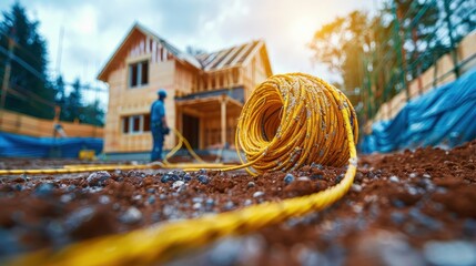 A large roll of yellow cable is laid out at the forefront of an active construction site, with the site and its progress visible in the background.