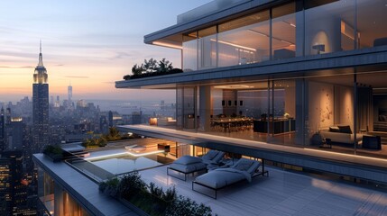 Fototapeta premium Luxury High-Rise Apartment with City Skyline View and Pool