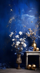 Blue and gold flowers in a vase on a table with a blue background.