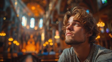 Obraz premium An awe-inspiring view of a person inside a grand cathedral, bathed in beautiful interior lighting, highlighting the serene and majestic atmosphere, with stained glass windows and ornate details.
