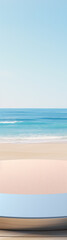 Obraz premium Minimalistic beach scene with a blue sky, calm ocean, and sandy beach with a round podium in the foreground.
