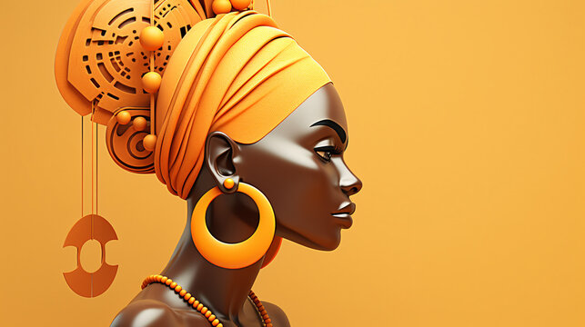 Stunning portrait of a regal African woman wearing a golden head wrap and jewelry, conveying elegance, confidence, and cultural pride.
