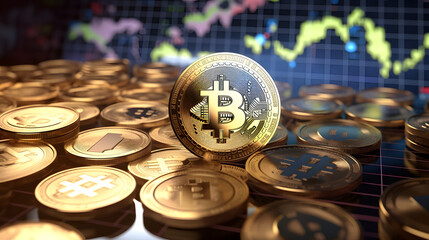 Bitcoin and cryptocurrency investing concept with graph. Bitcoin cryptocurrency coins. Trading on the cryptocurrency exchange. Trends in bitcoin exchange rates. Rise and fall chart of bitcoin.