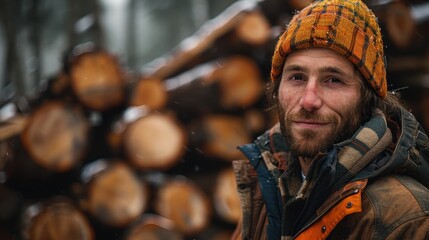 Obraz premium A bearded lumberjack dressed warmly in a plaid wool hat stands beside neatly stacked logs in a snowy forest, representing hard work and perseverance in nature.