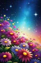Obraz premium One-way postcard beautiful flowers on the background of stars, night sky, starry sky, colorful flowers