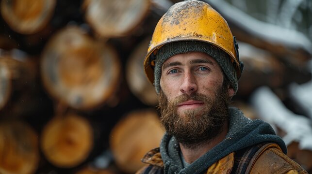 A lumberjack wearing a yellow helmet and winter clothing stands confidently next to stacked logs in a snowy environment, embodying toughness and resilience.