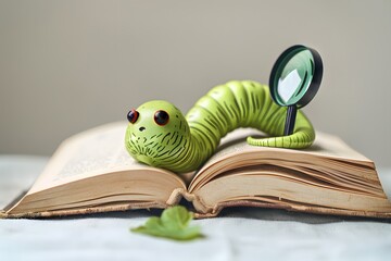 A cute cartoon worm curled up inside a book with a magnifying glass, emphasizing the joy of reading