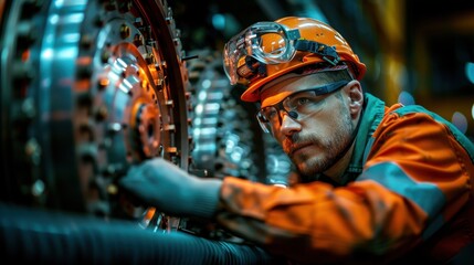 An intense image of an engineer wearing safety gear meticulously working on complex industrial machinery, showcasing the precision, dedication, and modern technology in engineering.
