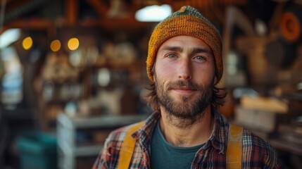 A man with a beard and a knitted hat, wearing a plaid shirt, stands in a rustic workshop setting, symbolizing craftsmanship, creativity, and artisanal skill in a warm environment.