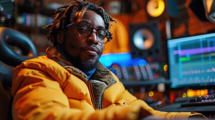 Obraz premium A man wearing glasses works in a studio surrounded by professional audio equipment, representing creativity, dedication, and professional expertise within a modern technical setting.