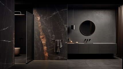 Dark bathroom interior with copper accents, luxury and elegance