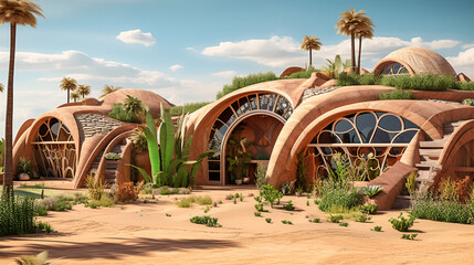 Desert oasis home, sustainable architecture, nestled in sand.
