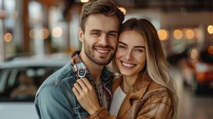 Visiting car dealership. Beautiful couple is holding a key of their new car, looking at camera and smiling